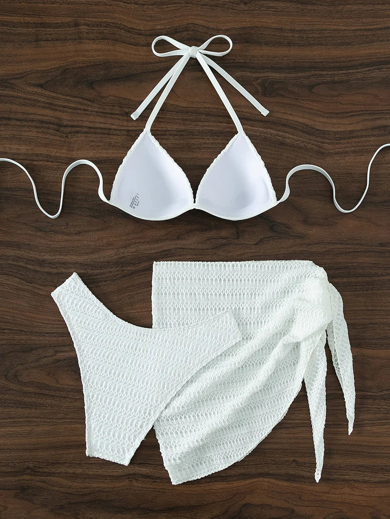 Sexy 3 Piece Solid White Push Up Mesh Swimsuit