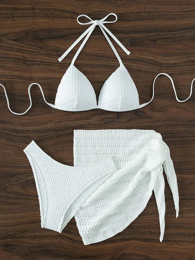 Sexy 3 Piece Solid White Push Up Mesh Swimsuit