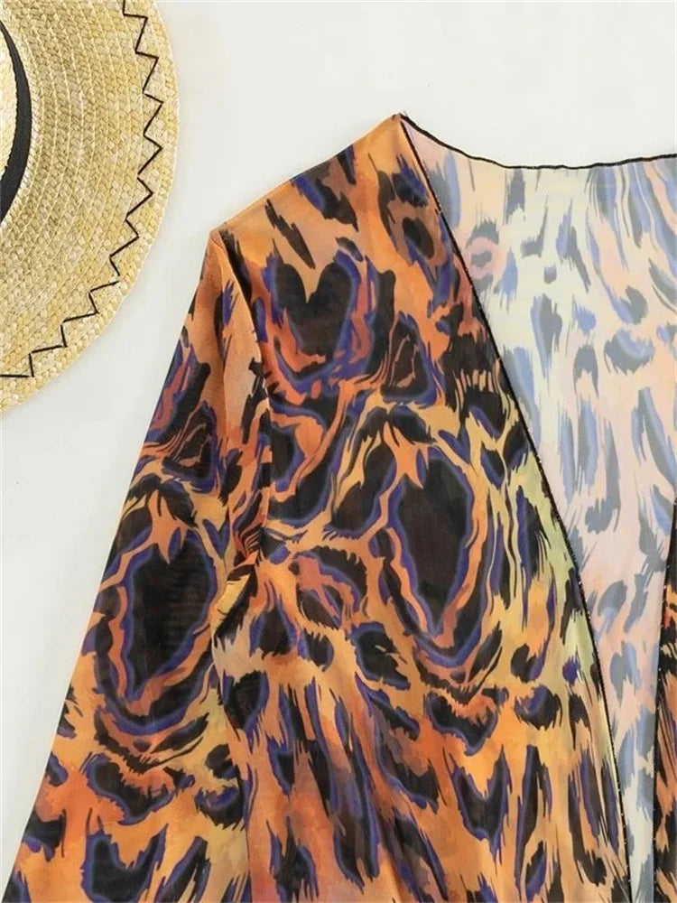Leopard Print Kaftan Cover Up 3 Piece Swimsuit