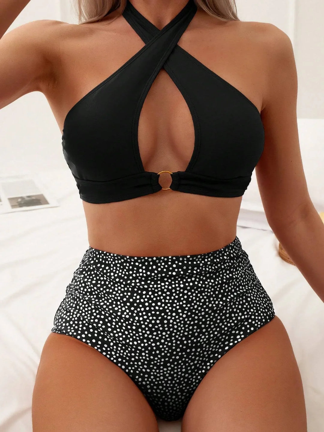 Sexy Black Dot Print 2 Piece Swimsuit