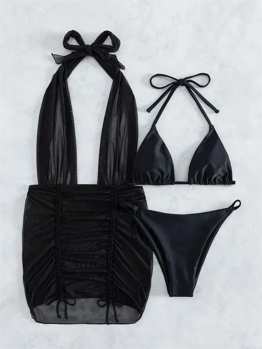 3 Piece Black White Pleat Mesh Dress Swimsuit
