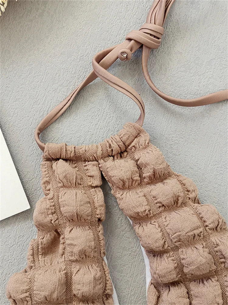 3 Pieces Bikini Set with Skirt Brown String Thong