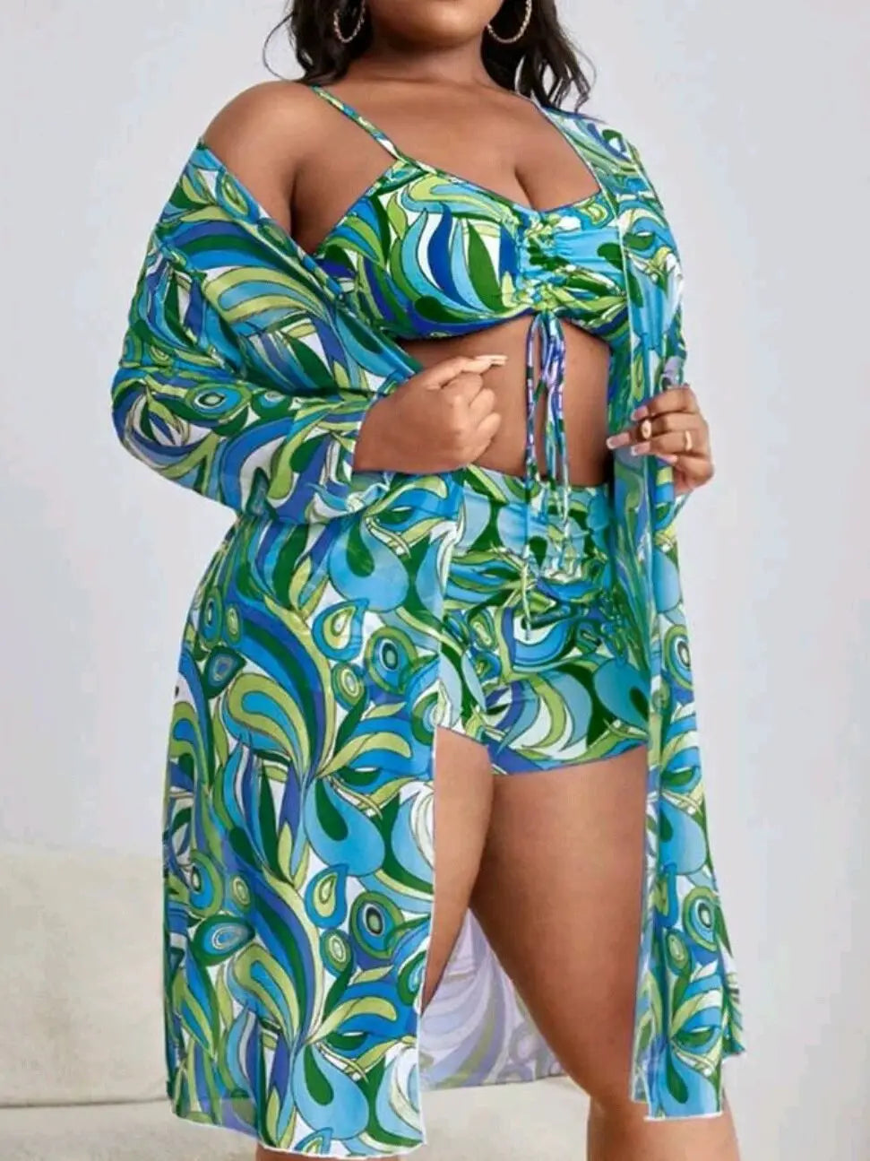 Large Size Green Leaves Print 3 Piece Swimsuit