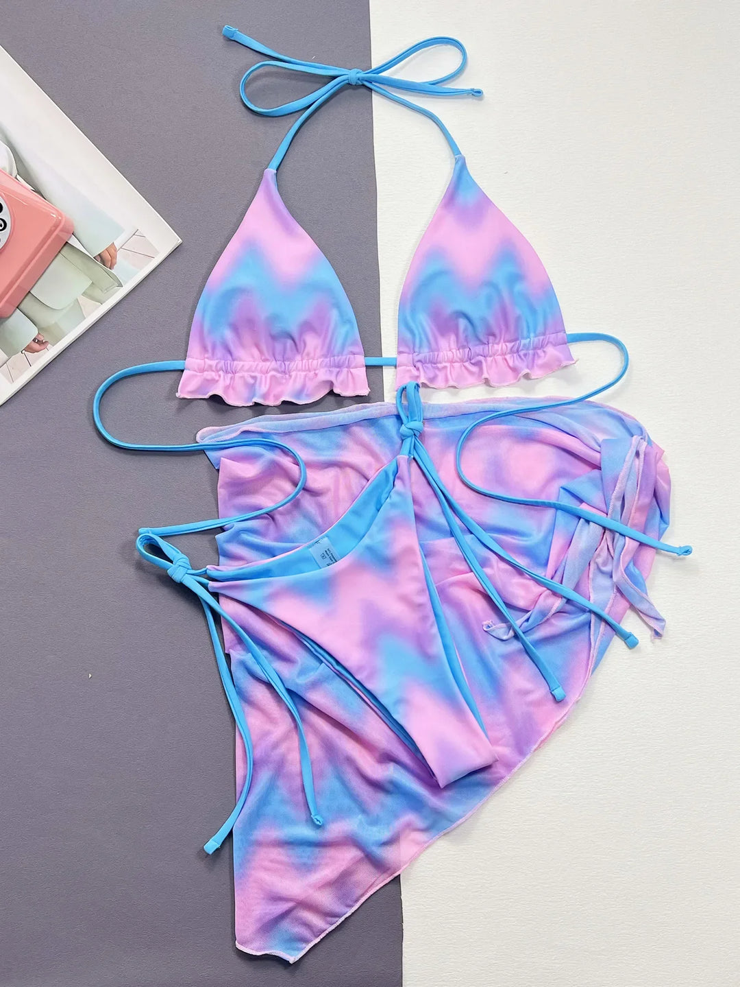 Sexy Pink Tie Dye 3 Piece Bikini Set