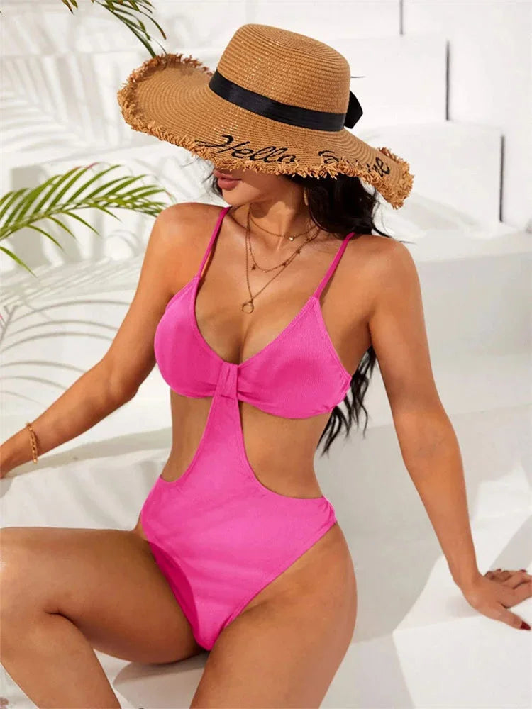 Pink Hollow Out Backless One Piece Swimsuit