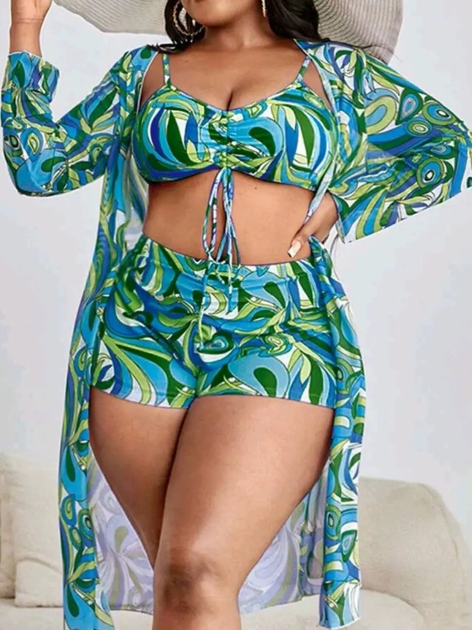 Large Size Green Leaves Print 3 Piece Swimsuit