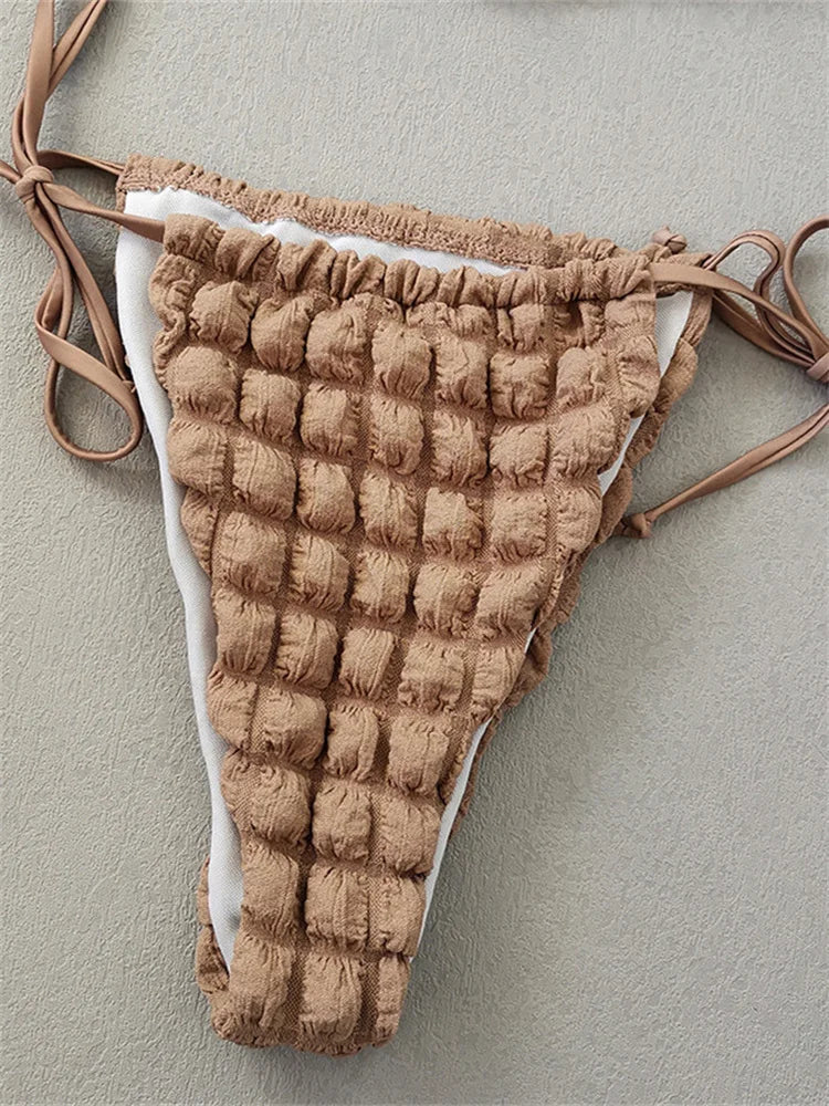 3 Pieces Bikini Set with Skirt Brown String Thong