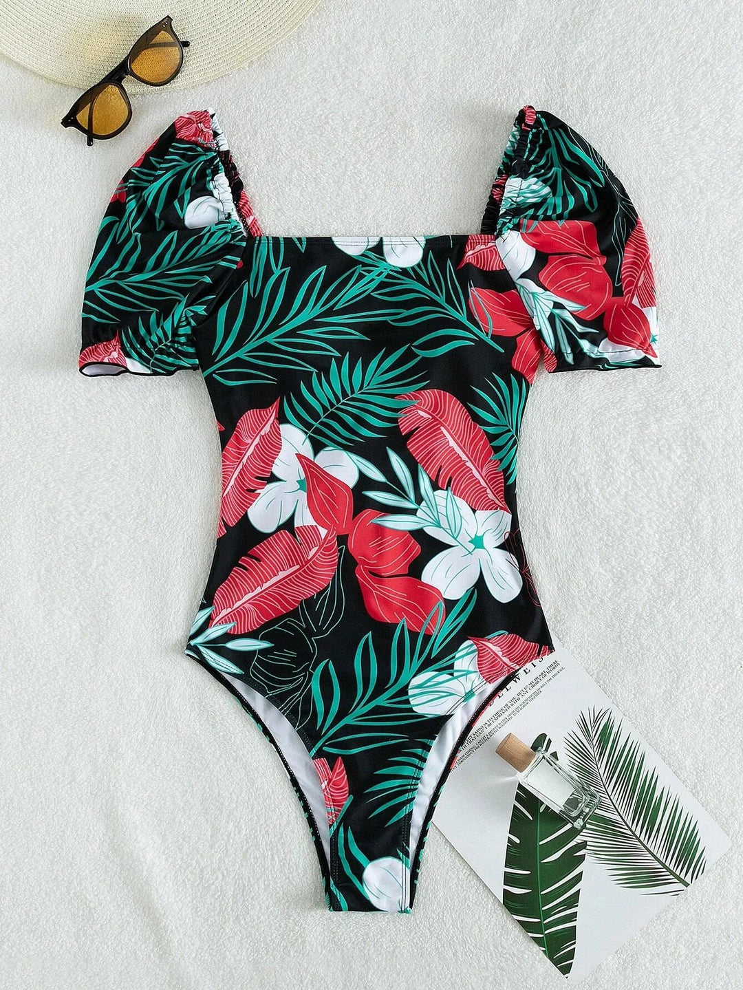 Vintage Green Leaves Print One Piece Swimsuit
