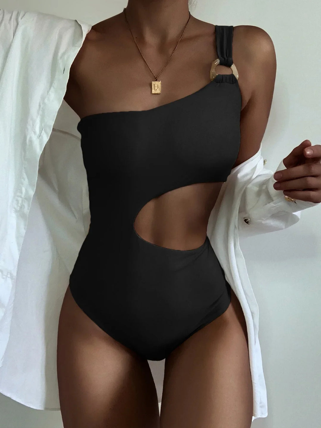 Sexy Black One Shoulder One Piece Swimsuit