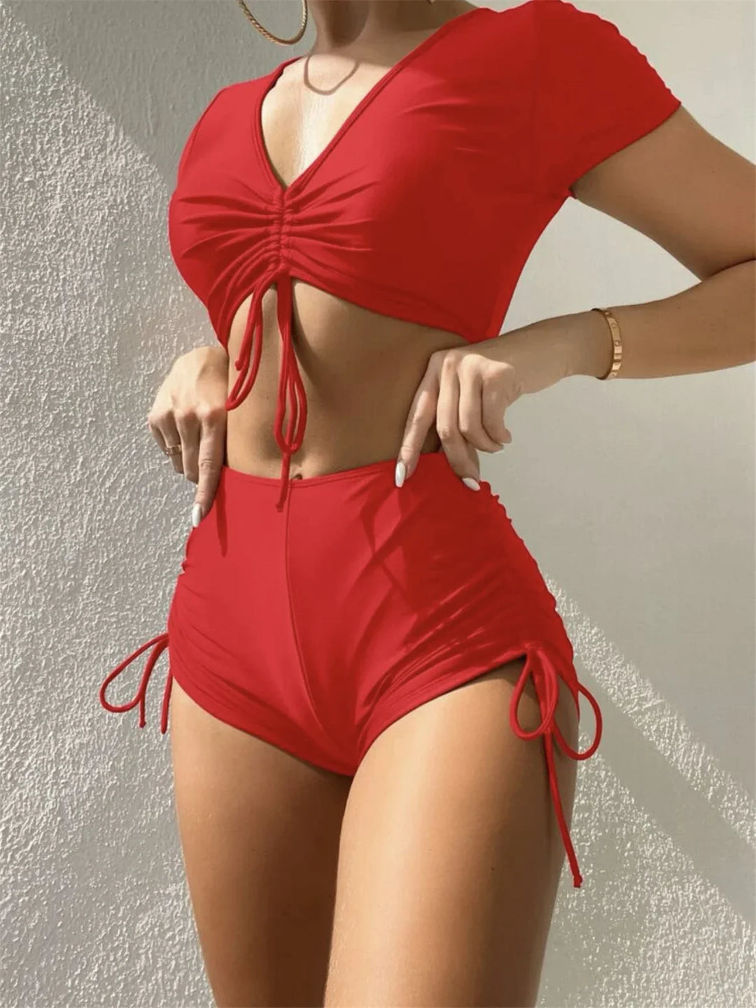Sexy Drawstring Short Sleeve 2 Piece Swimsuit