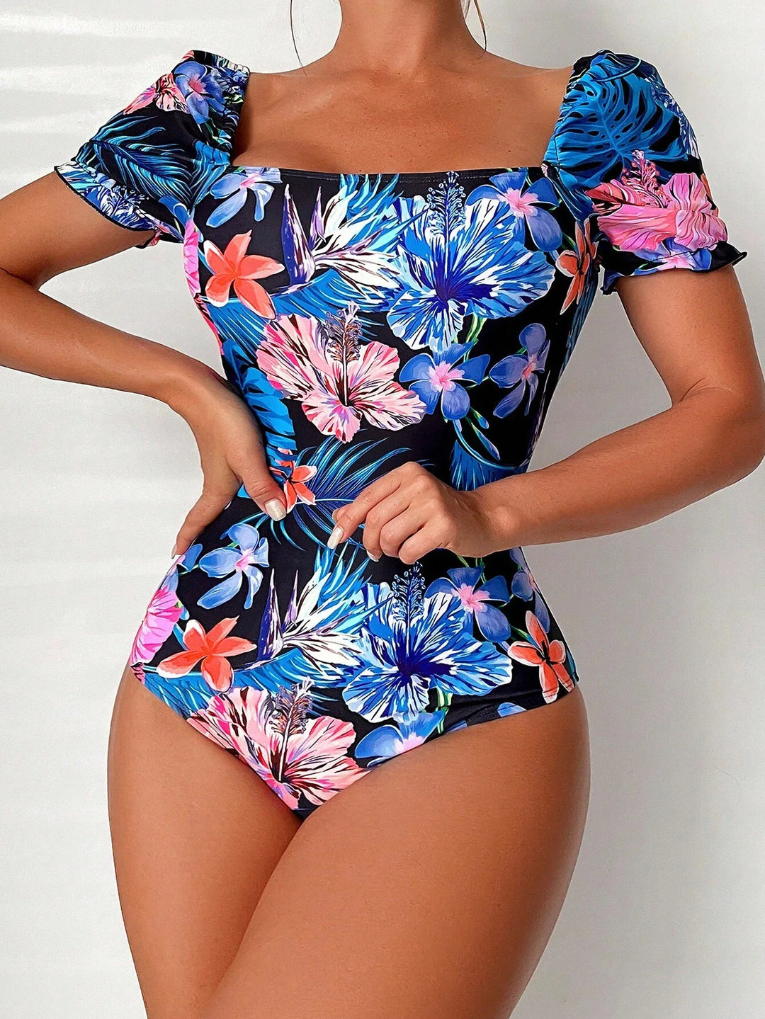 Vintage Green Leaves Print One Piece Swimsuit