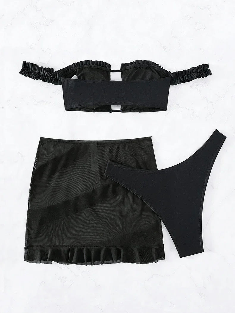 3 Pieces Ruffles Push Up Black Skirt Swimsuit