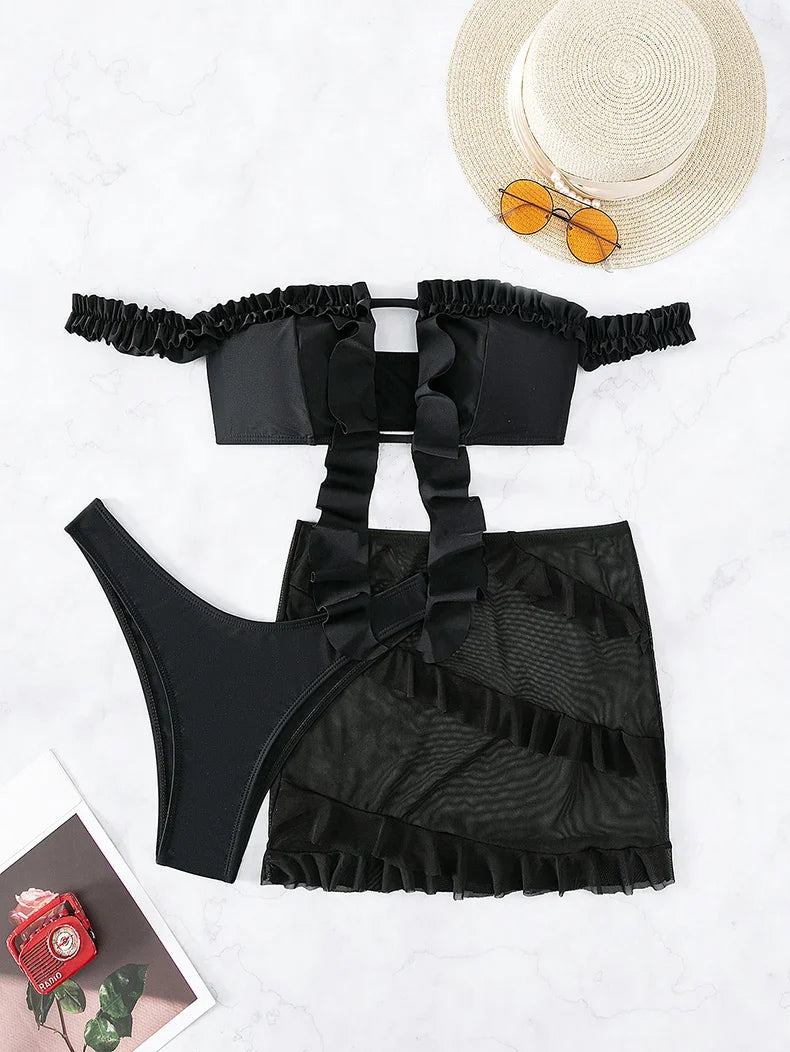 3 Pieces Ruffles Push Up Black Skirt Swimsuit